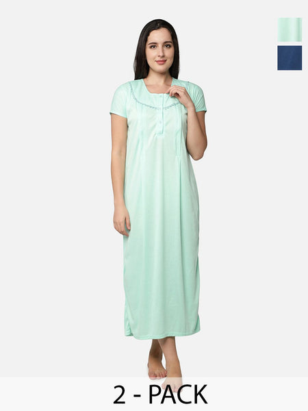 Be You Solid lace work Maternity Maxi Nightdress