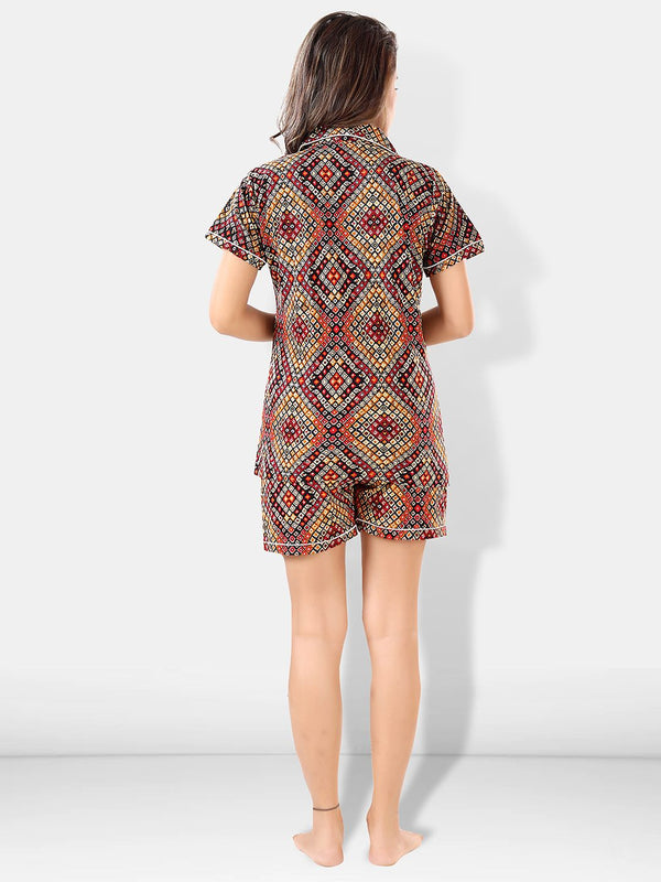 Be You Women Brown & Red Printed Pajama & Shorts with Shirt Night Suits