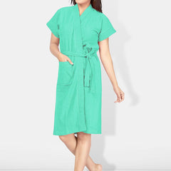 Be You Sea Green Solid Cotton Drawstring Knee Length Bath Robe