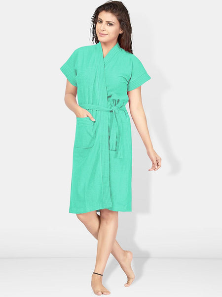 Be You Sea Green Solid Cotton Drawstring Knee Length Bath Robe