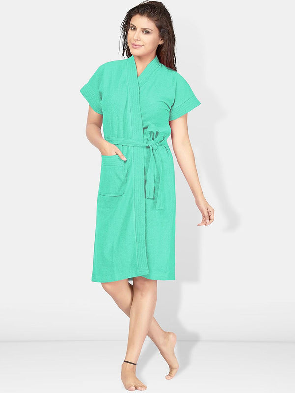 Be You Sea Green Solid Cotton Drawstring Knee Length Bath Robe