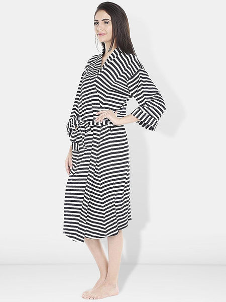 Be You Women Striped Cotton Anti-bacterial Super Soft Bath Robe With Belt