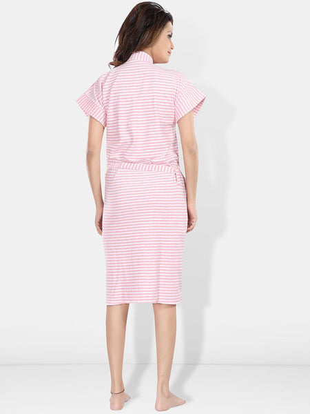 Be You Peach Striped Cotton Drawstring Knee Length Bath Robe-2XL