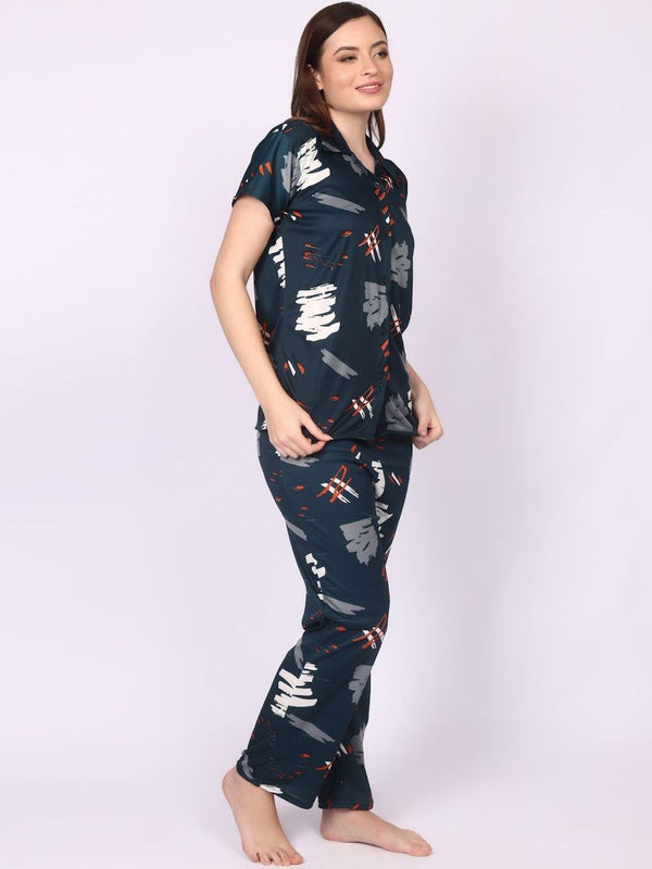 Be You Women Satin Abstract Print Top & Pyjama Night Suit