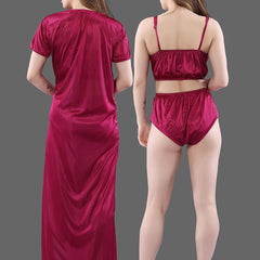 Be You Magenta Maxi Satin 3 Piece Nightdress