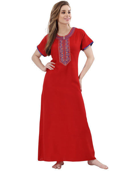 Be You Red Embroidered Maxi Nightdress