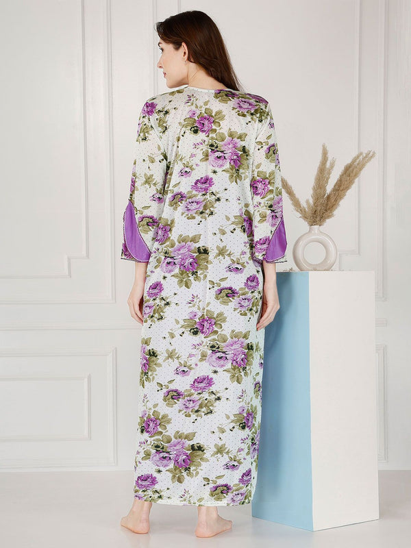 Be You Floral Printed Shoulder Straps Satin Maxi Nightdress With Robe