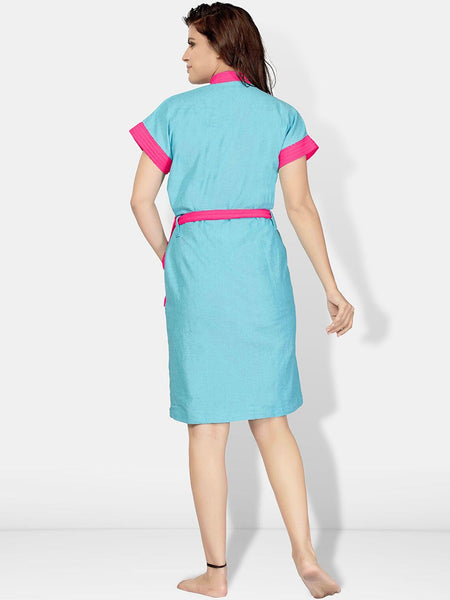 Be You Two-Tone Blue Solid Cotton Drawstring Knee Length Bath Robe