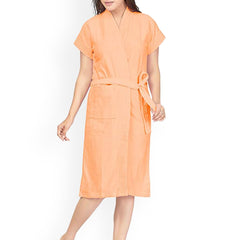 Be You Peach Solid Cotton Drawstring Knee Length Bath Robe-L/XL
