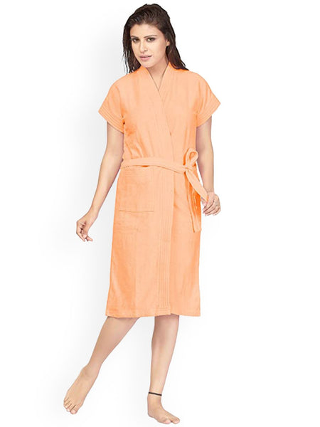 Be You Peach Solid Cotton Drawstring Knee Length Bath Robe-L/XL