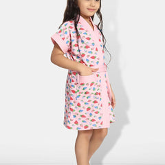 Be You Strawberry Print Pink Conversational Cotton Drawstring Knee Length Bath Robe