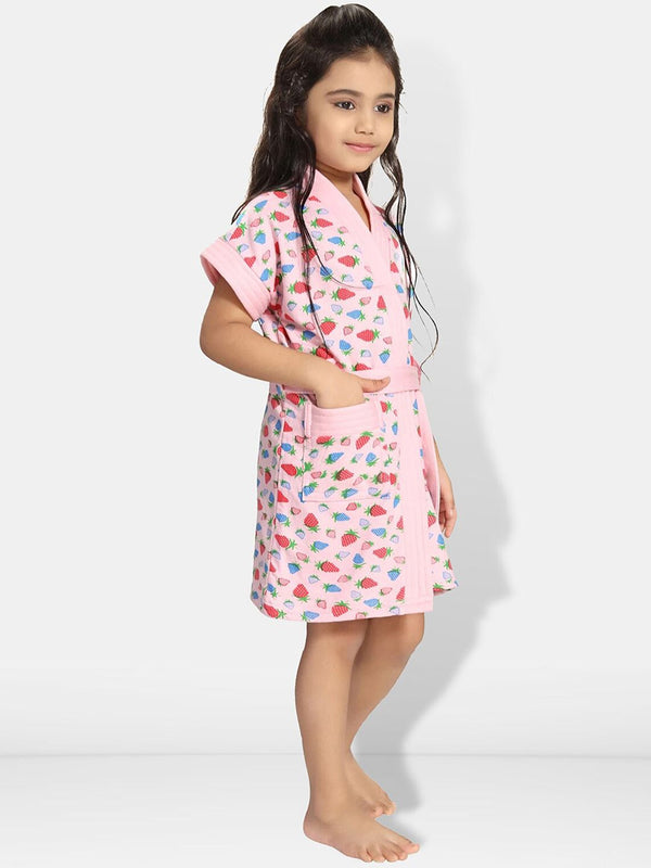 Be You Strawberry Print Pink Conversational Cotton Drawstring Knee Length Bath Robe