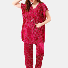 Be You Geometric Printed V-Neck Satin Kaftan Night Suit