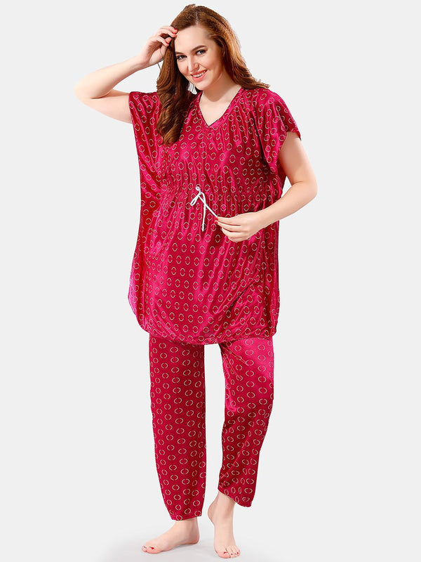 Be You Geometric Printed V-Neck Satin Kaftan Night Suit