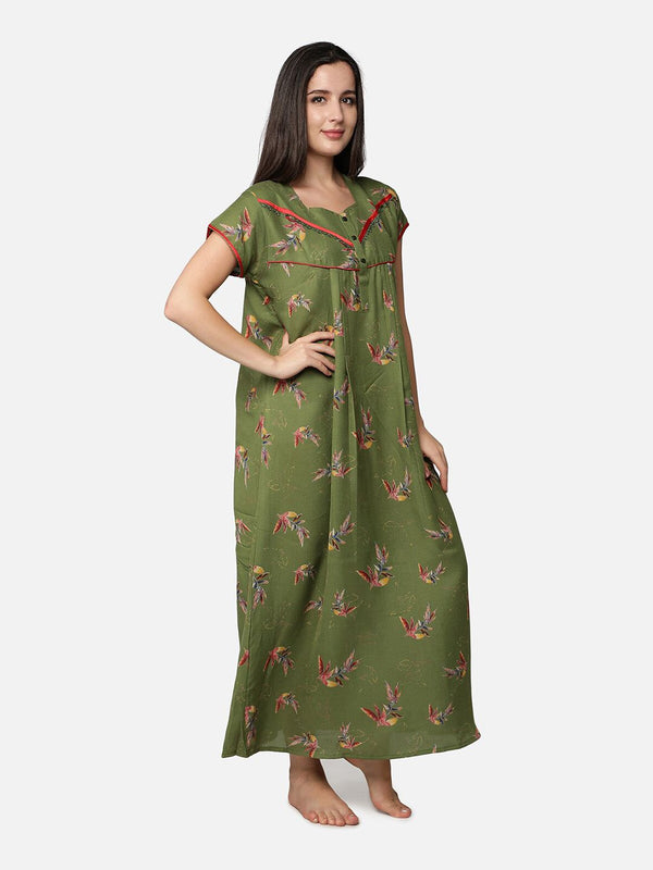 Be You Olive Green Floral  Alpine Feeding / Maternity Gown For Women
