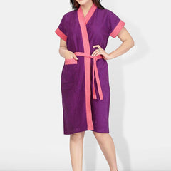 Be You Violet Solid Cotton Drawstring Knee Length Bath Robe