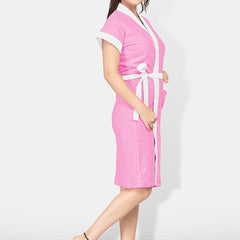 Be You Two-Tone Pink Solid Cotton Drawstring Knee Length Bath Robe-L/XL