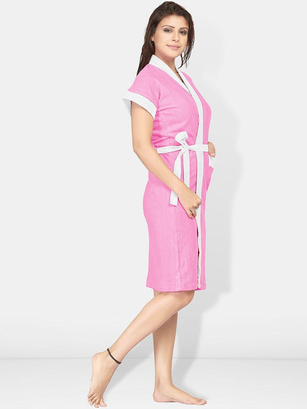 Be You Two-Tone Pink Solid Cotton Drawstring Knee Length Bath Robe-L/XL