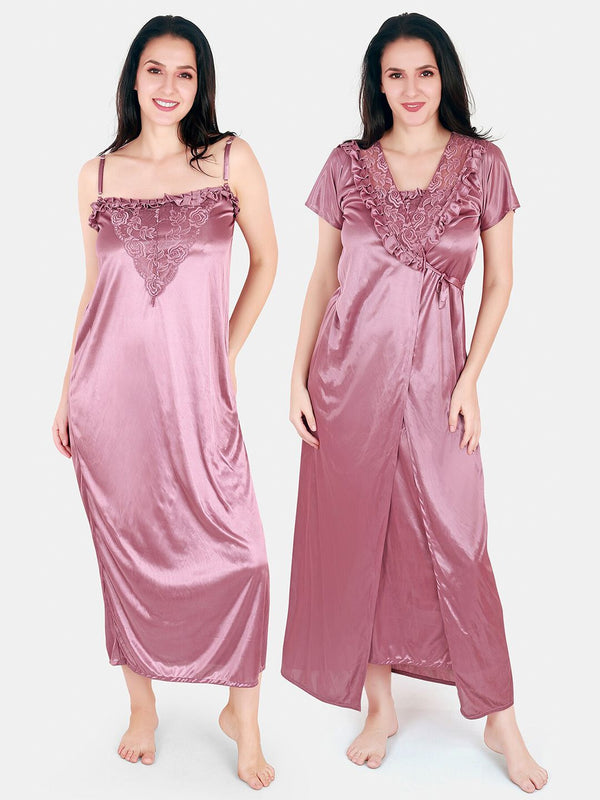 Be You Floral Lace Shoulder Straps Satin Maxi Nightdress With Robe