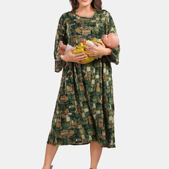 Be You Floral Printed Round Neck Bell Sleeves Maternity Fit & Flare Midi Dress