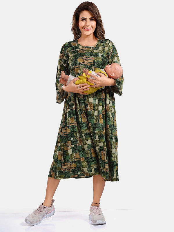 Be You Floral Printed Round Neck Bell Sleeves Maternity Fit & Flare Midi Dress