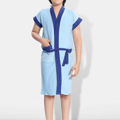 Be You Two-Tone Blue Solid Cotton Drawstring Knee Length Bath Robe