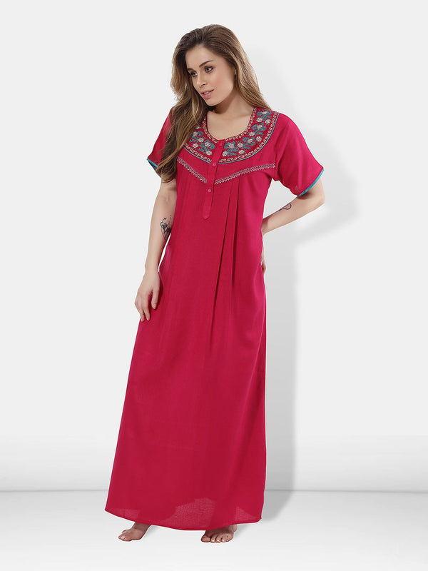 Be You Women Pink Embroidered Maxi Nightdress