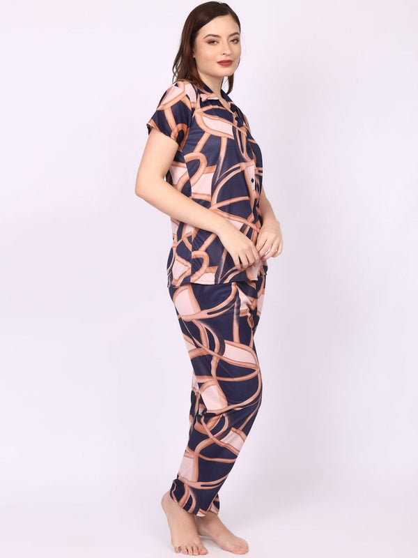 Be You Women Satin Geomatric Print Printed Night suit