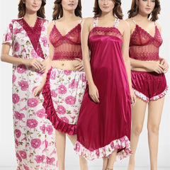 Be You Floral Printed 5 Pieces Satin Nightdress