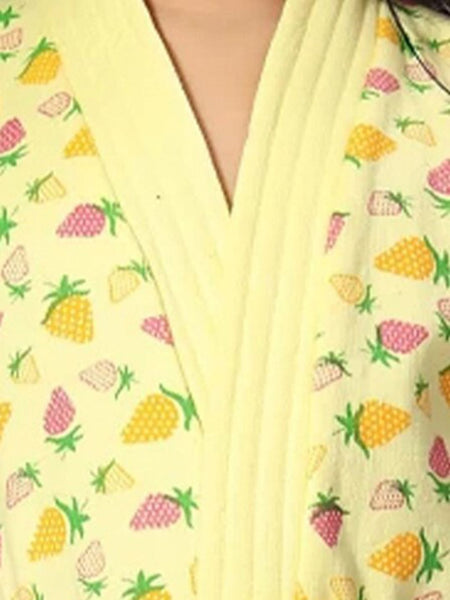 Be You Strawberry Printed Yellow Conversational Cotton Drawstring Knee Length Bath Robe