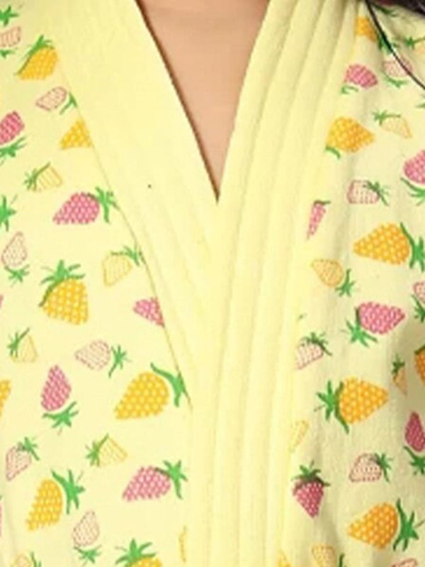 Be You Strawberry Printed Yellow Conversational Cotton Drawstring Knee Length Bath Robe