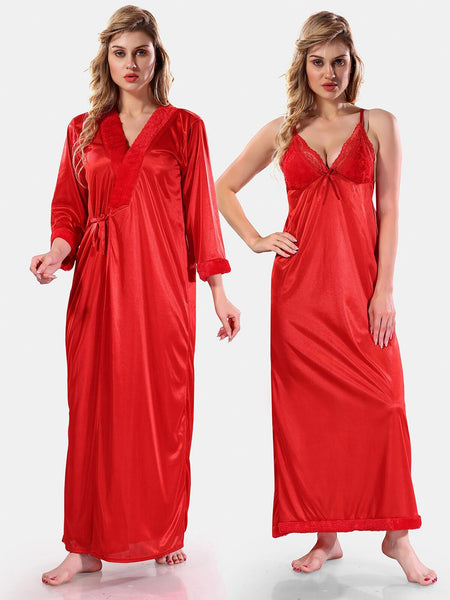 Be You V Neck Lace Up Details Satin Maxi Nightdress With Robe