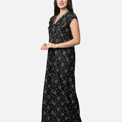 Be You Women Black Printed Maxi Maternity Nightdress