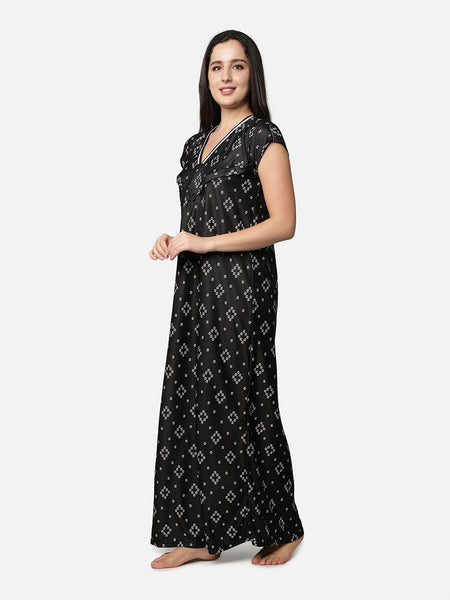 Be You Women Black Printed Maxi Maternity Nightdress
