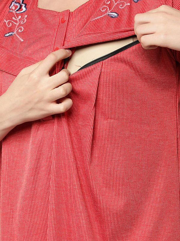Be You Women Red Embroidered Maxi Maternity Nightdress