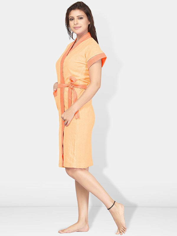 Be You Two-Tone Peach Solid Cotton Drawstring Knee Length Bath Robe-L/XL