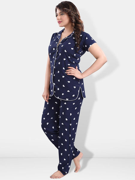 Be You Women Navy Graphic Printed Night suit