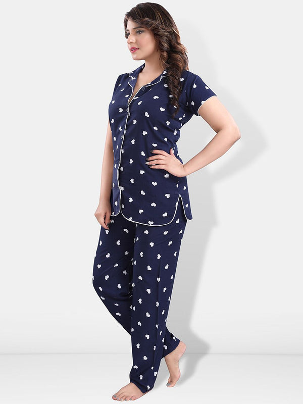Be You Women Navy Graphic Printed Night suit