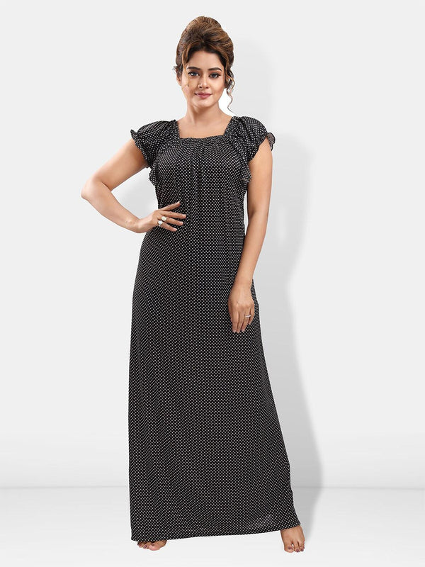Be You Polka Dots Printed Square Neck Satin Maxi Nightdress