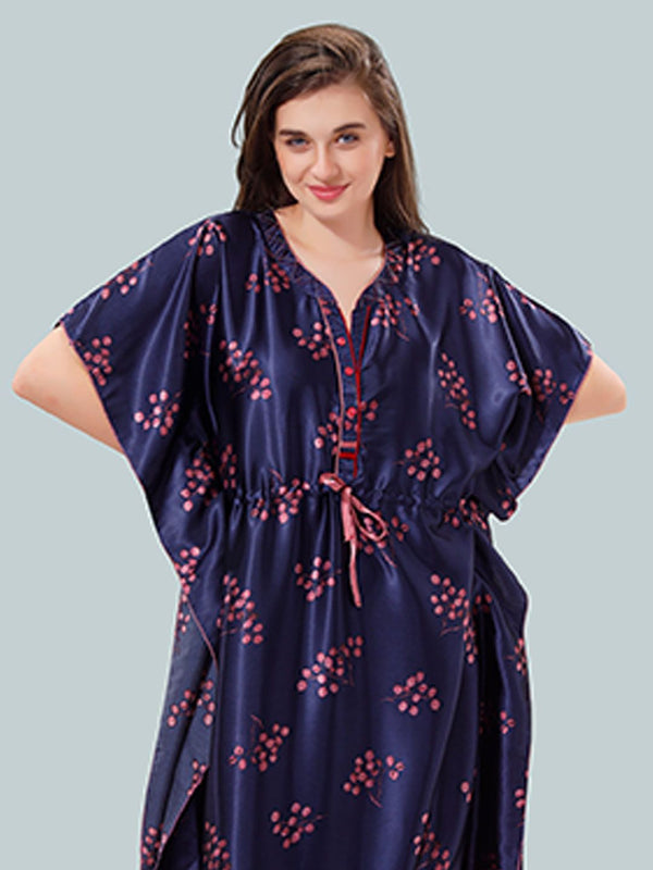 Be You Navy Blue Printed Maxi Kaftan Nightdress