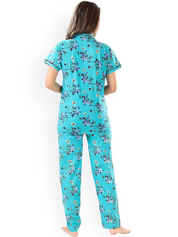 Be You Women Turquoise Blue & Green Printed Pajama & Shorts with Shirt Night Suits