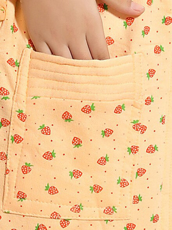 Be You Strawberry Print Peach Conversational Cotton Drawstring Knee Length Bath Robe