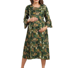 Be You Floral Printed Round Neck Bell Sleeves Maternity Fit & Flare Midi Dress