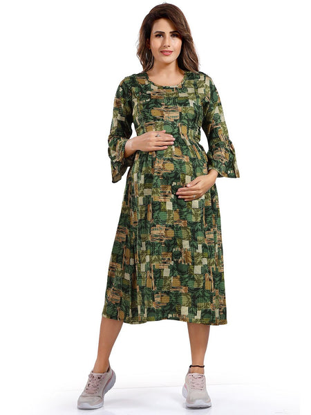 Be You Floral Printed Round Neck Bell Sleeves Maternity Fit & Flare Midi Dress