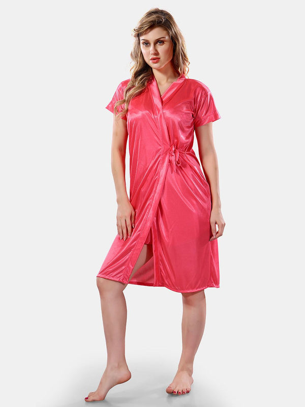 Be You Solid Lace Details Satin Nighty with Robe