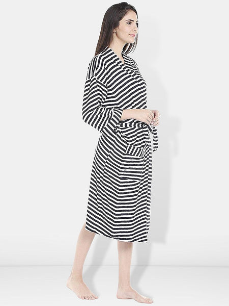 Be You Women Striped Cotton Anti-bacterial Super Soft Bath Robe With Belt