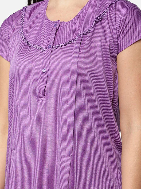 Be You Women Purple Striped Maxi Maternity Nightdress