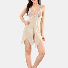 Be You Net Self Design Baby Doll Dress With Thong