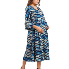 Be You Tie and Dye Printed Round Neck Bell Sleeves Maternity Fit & Flare Midi Dress