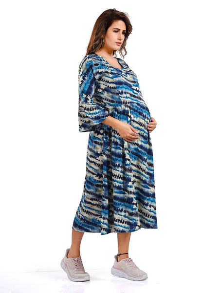 Be You Tie and Dye Printed Round Neck Bell Sleeves Maternity Fit & Flare Midi Dress